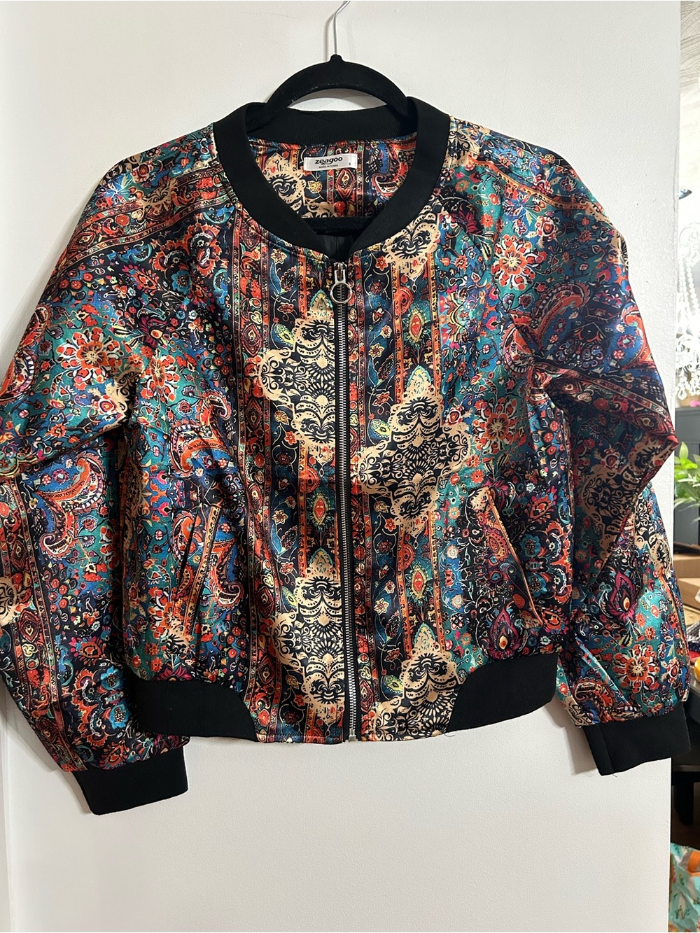 zeagoo Multicolor Paisley Bomber Jacket with Black Trim